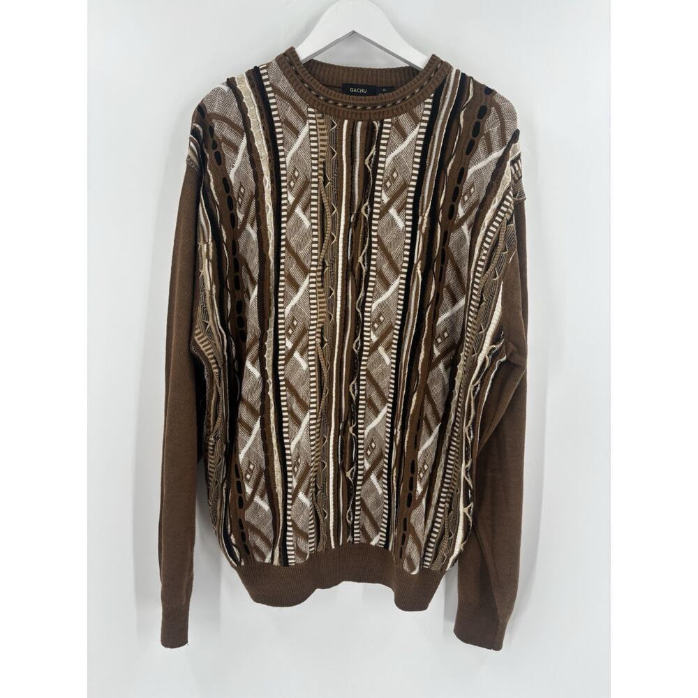 Vintage Gachu Sweater Mens XL Brown Biggie Cosby Style Pullover Knit Striped